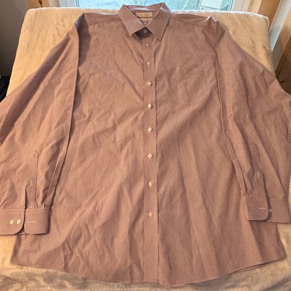 Roundtree & Yorke Gold Label Non-Iron Shirt 18.5 36/37 Tall Burgundy Stripe